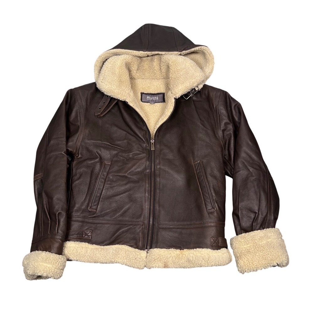 Wilsons Leather Hooded Bomber Jacket Mens S Brown Faux Shearling Lined Aviator